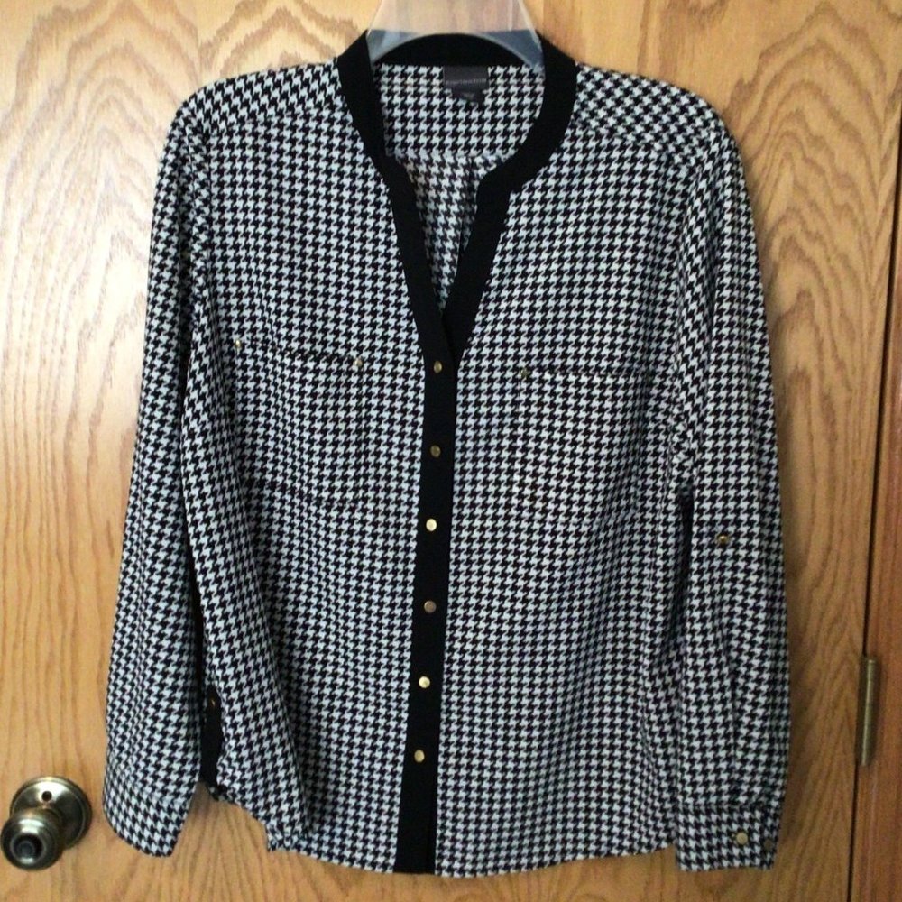Covington - Long sleeve, black and white, herringbone design blouse